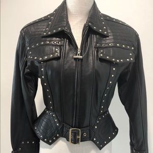 BLACK LEATHER GOLD STUDDED ZIP JACKET SZ S